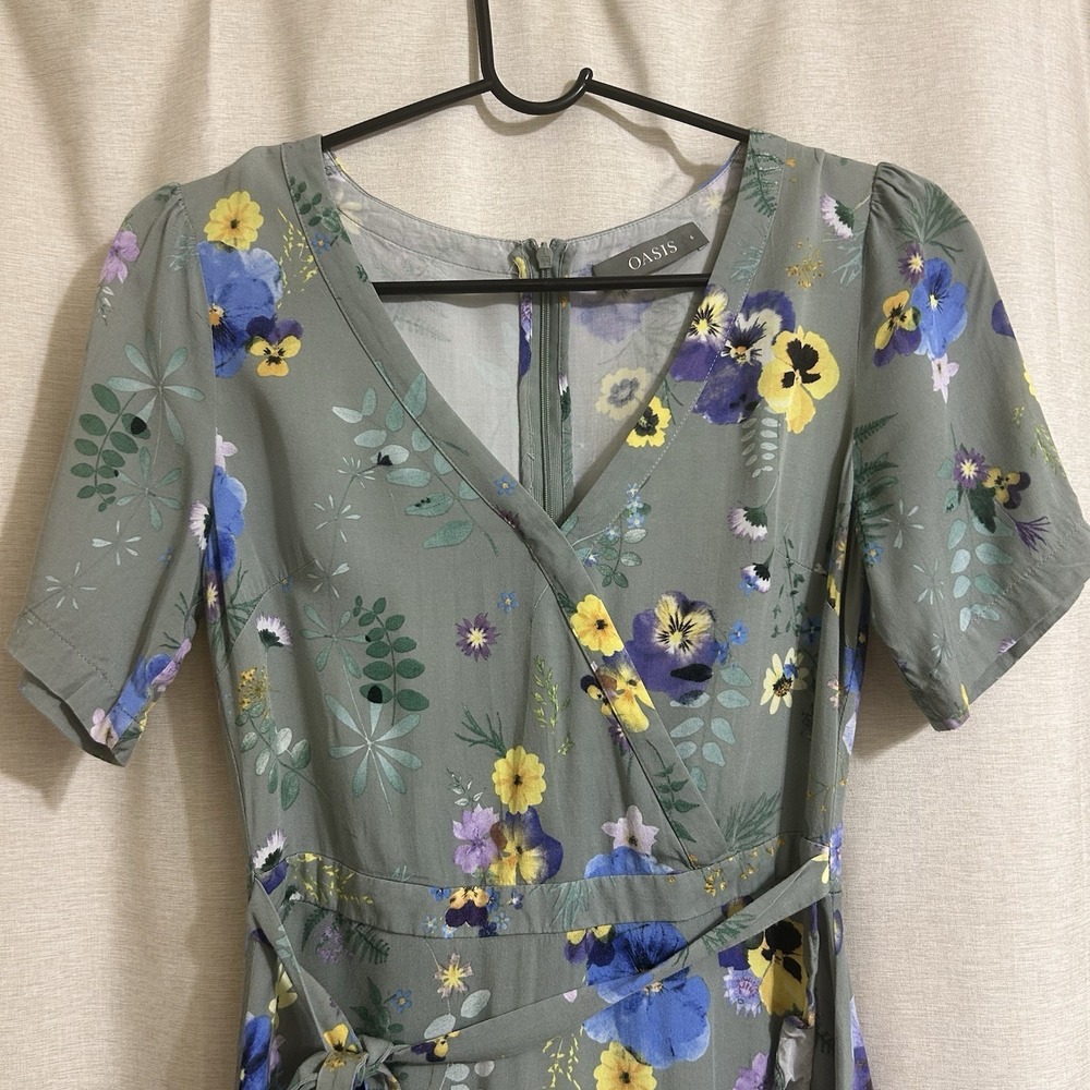 Y2K V-neck short sleeves wrap style ruffled hem Green floral pattern Dress Sz S - Picture 7 of 9